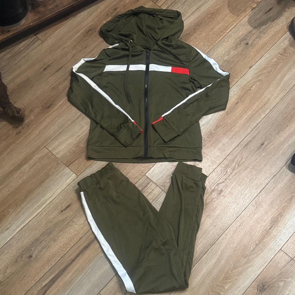 Olive Green Tracksuit with White and Red Accents